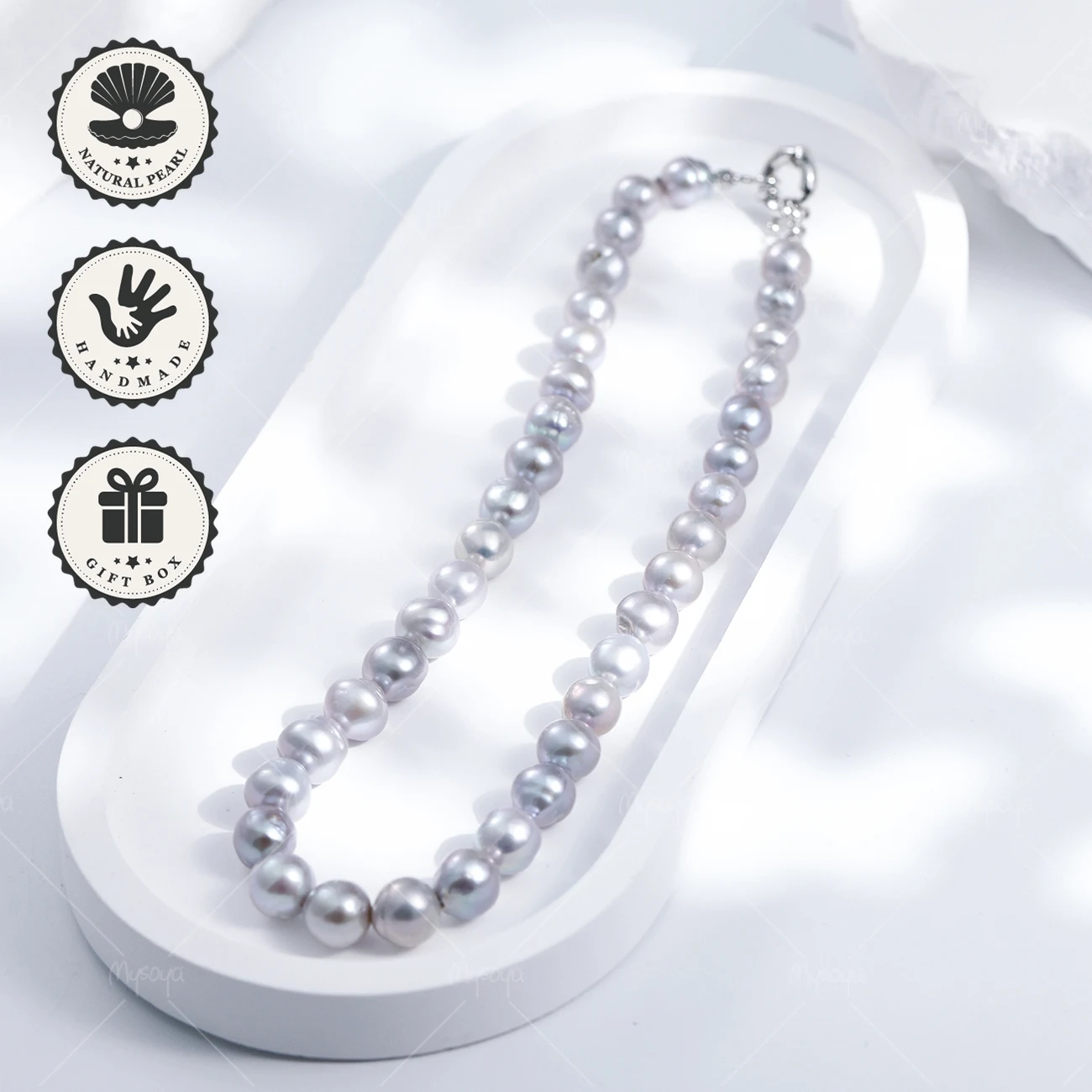 

MYSOYA 10-11mm Gray Baroque Freshwater Pearl Necklace Silvery Marine Clasp With Gift Box Birthday Gift Valentine’s Day