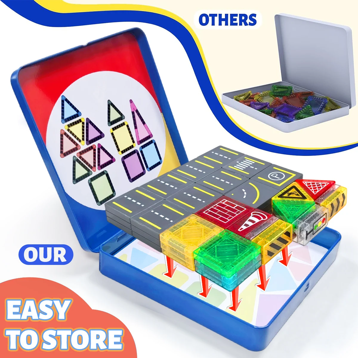 Magnetyczny zestaw do budowy drog dla dzieci, zabawki, magnetyczne klocki konstrukcyjne, zabawki edukacyjne Montessori, 32/58 elementów z metalowym pudełkiem.