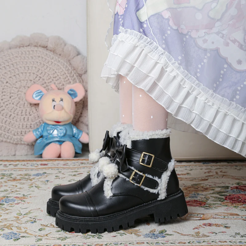 LOlita Zapatos Estudiante Arco Lindo Kawaii Zapatos Negros Botas de Plataforma Alta Bota de Cuero de Cabeza Redonda