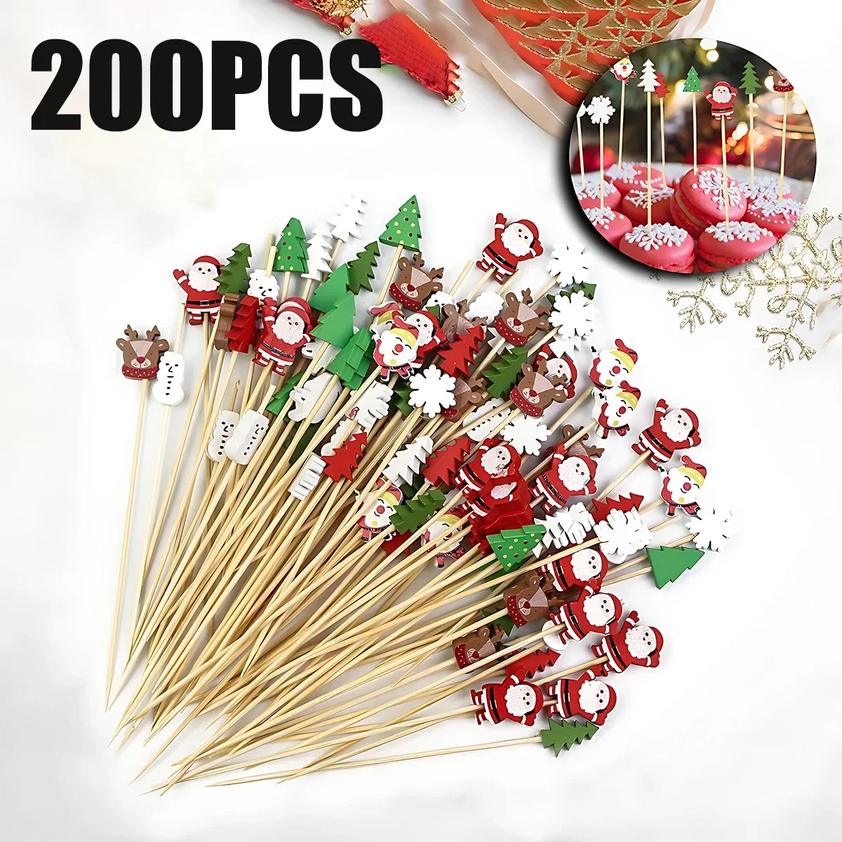 Pinchos de bambú de Navidad, palillos de dientes de postre de comida desechables, tenedor de ensalada de frutas, suministros de decoración para fiestas de Año Nuevo, 4 paquetes