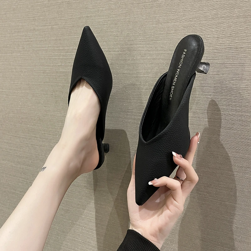 Thin Heels Pointed Toe Med Female Shoes Ladies\' Slippers Low Shallow Mules For Women 2024 Luxury Slides New Designer Fashion Bas