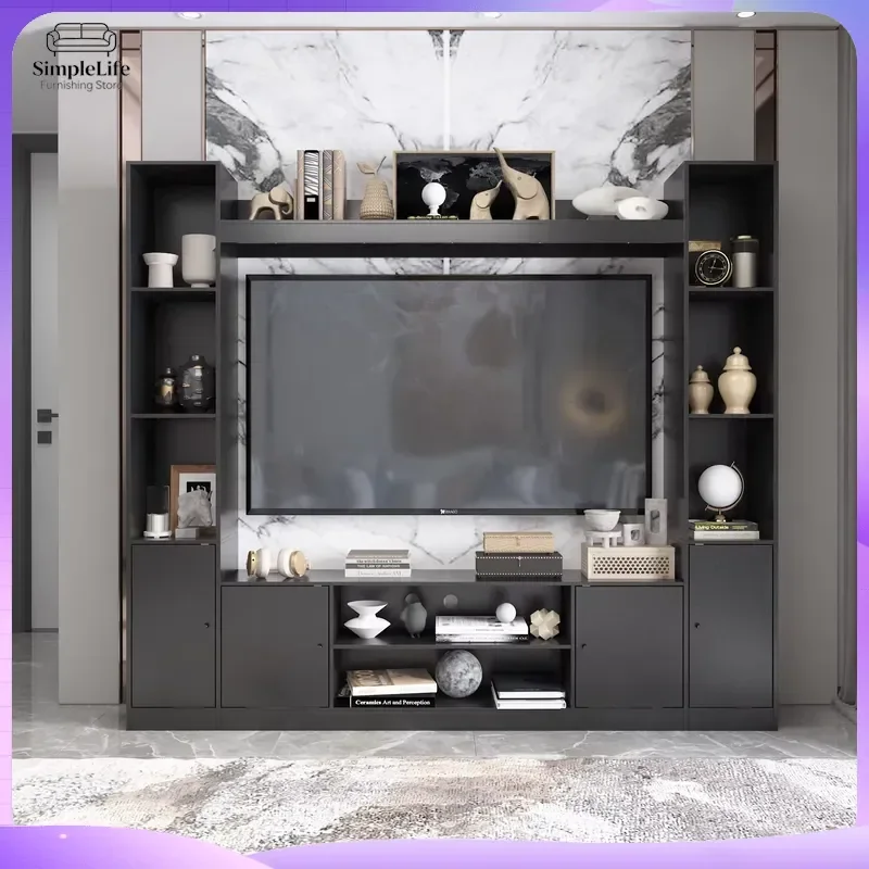 Modern Wall Unit TV Stand with 4 Doors 4 Cabinets and Open Shelves Media Console Entertainment Center for Living Room Black