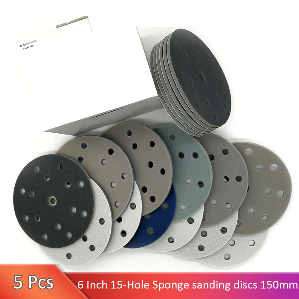 5Pcs 6 Inch 15-Hole Flocking Sponge sanding discs 150mm Sandpaper Wet & Dry Hook Loop 300-3000 Grit for Polishing & Grinding