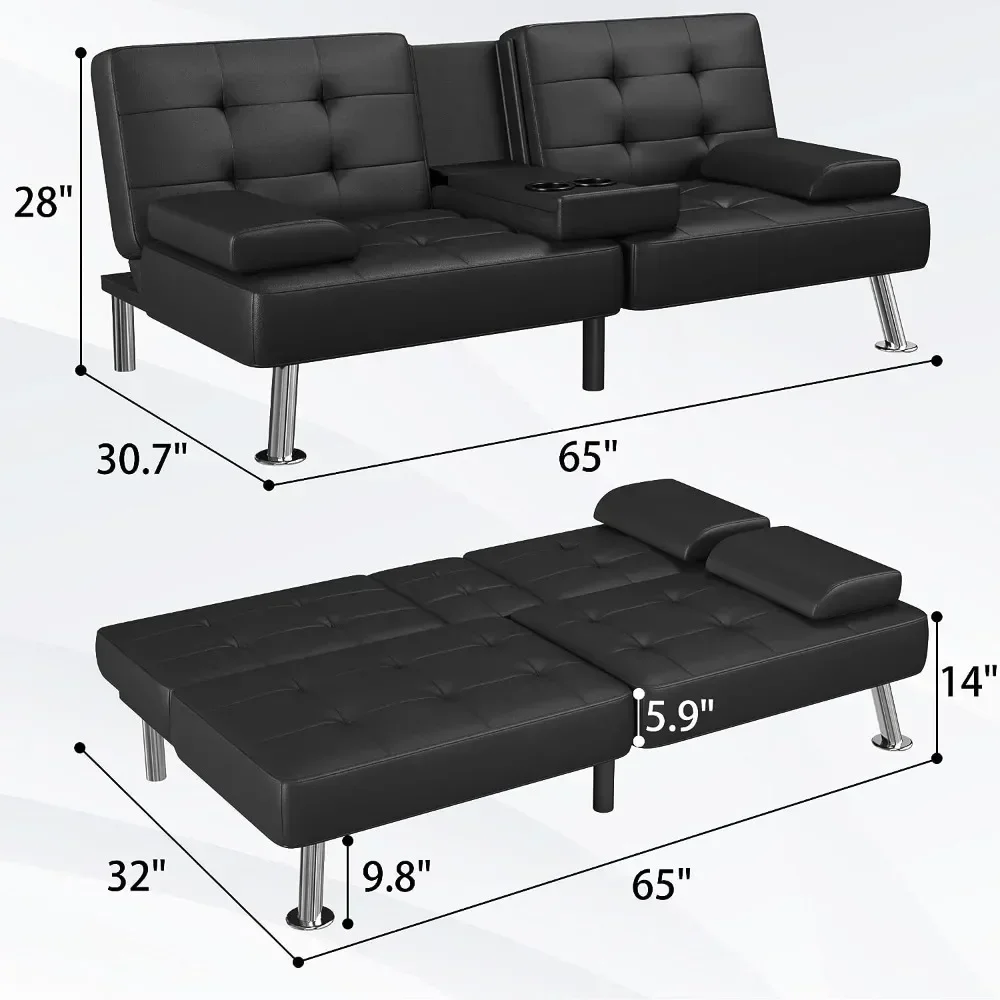 Sofa Bed, Convertible Folding Sofa Chaise Longue Living Room Lounge with 2 Cup Holders with Armrests