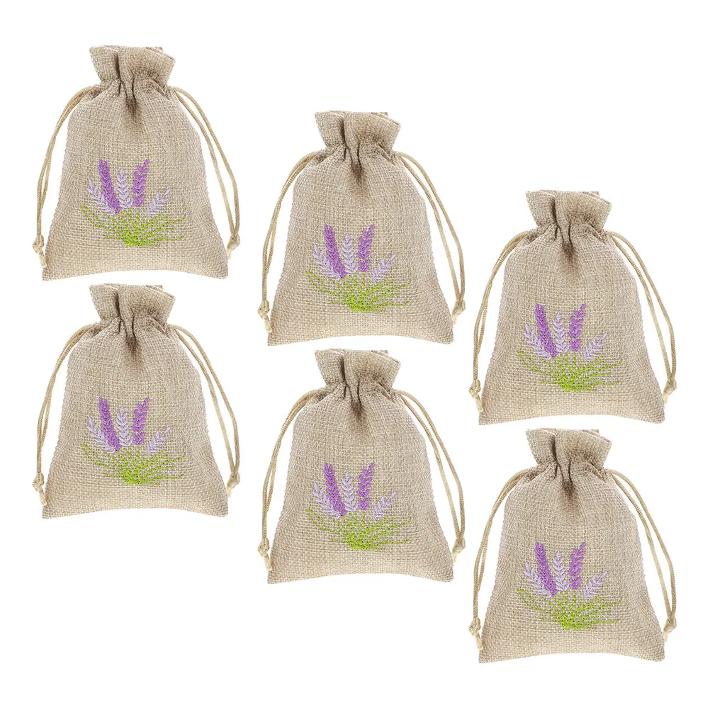 6Pcs Empty Linen Sachet Bags with Embroidery Drawstring Closure for Lavender Dried Flowers Jewelry Rings Keys Spices Wedding