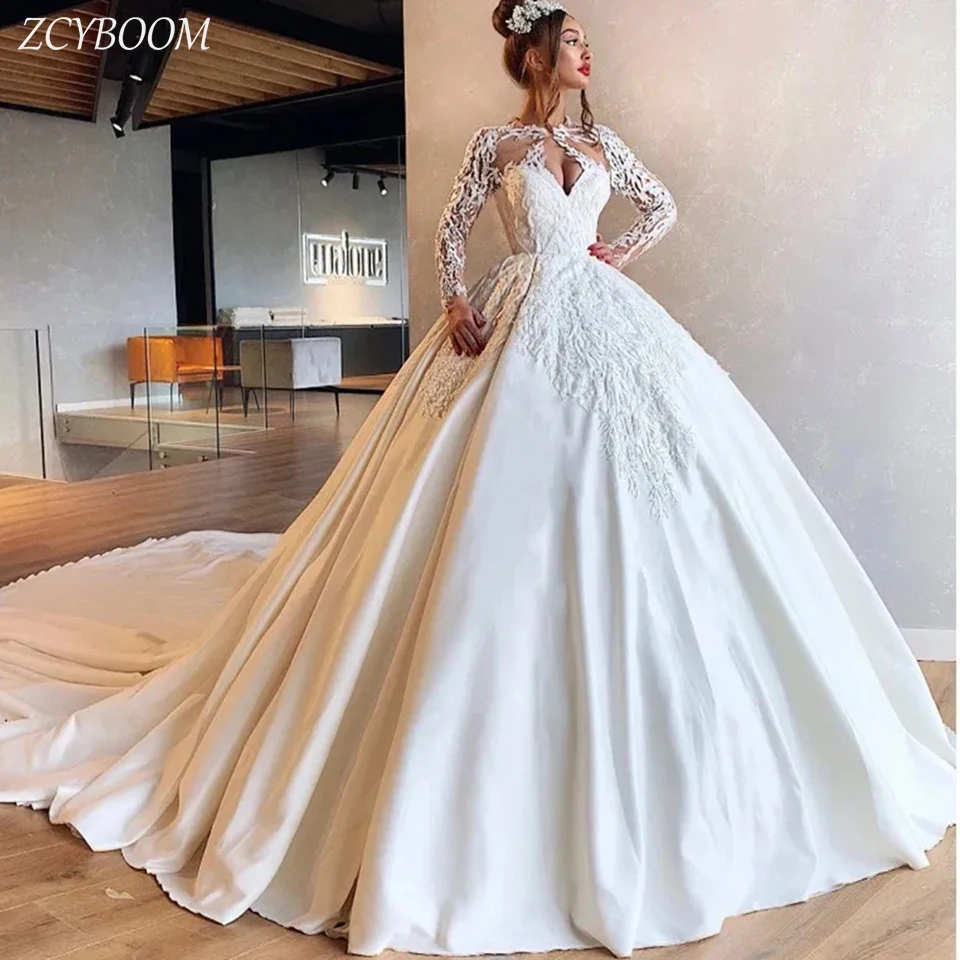 Robe de Mariée de Luxe Blanche à Col Rond et Manches sulf, Tenue de Bal, Longueur au Sol, avec Traîne de Balayage, à Lacets, pour Patients, 2024