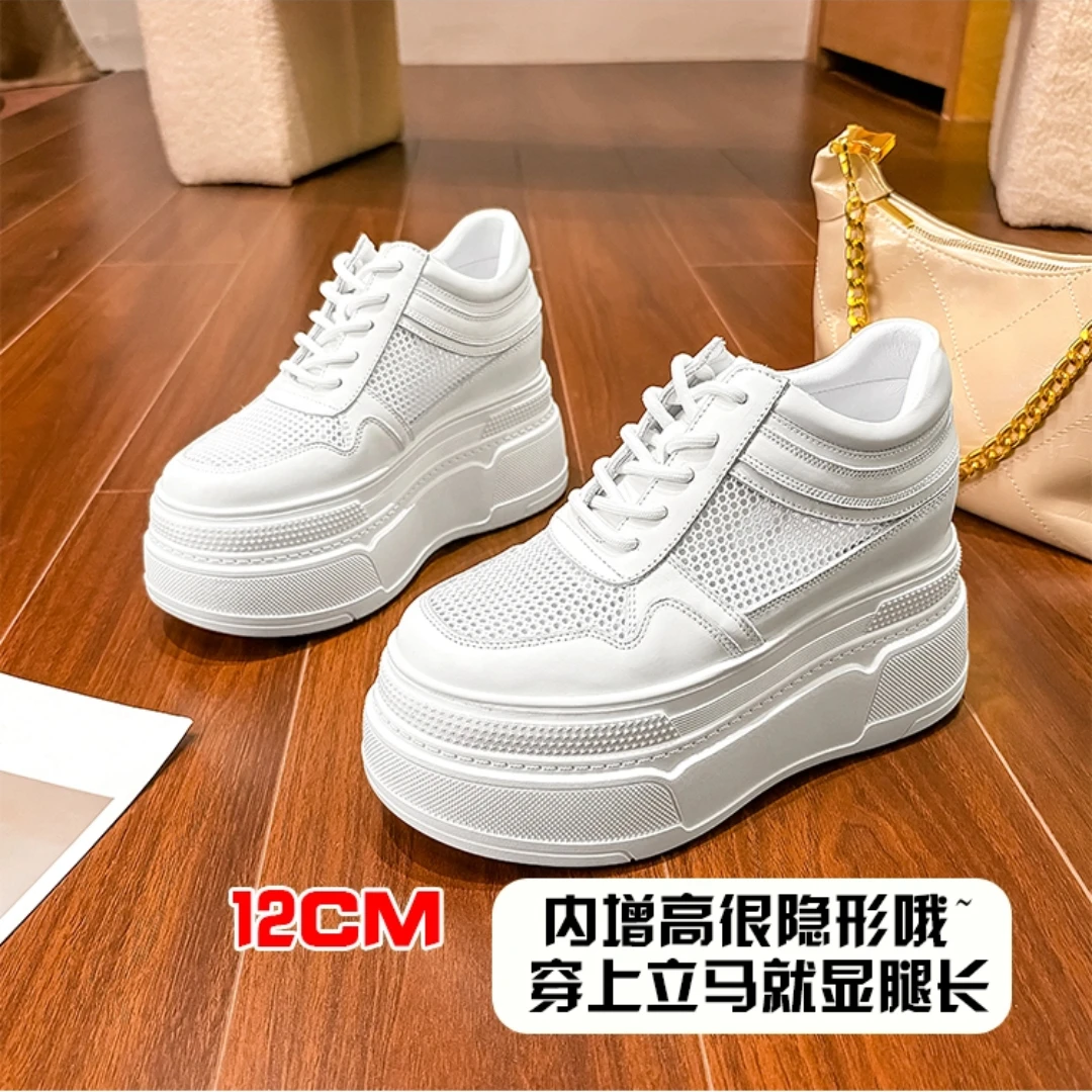 10-14cm Chunky Sneakers Women Platform Shoes Elevator Shoe White Mesh Breathable Sneakers Real Leather Increasing Shoes view 6