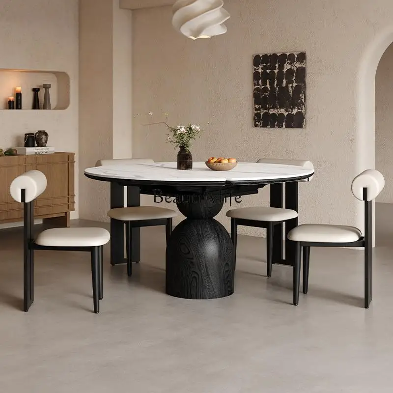 

Solid wood rock slab dining table retractable French retro Nordic log square and round dual-purpose