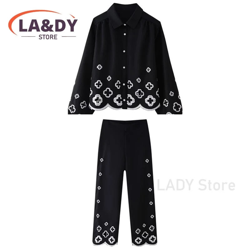 Sets Women 2024 Spring Summer Fashion Loose Long Sleeve Flower Embroidery Shirt + High-Waisted Straight Casual Pants Suit Female