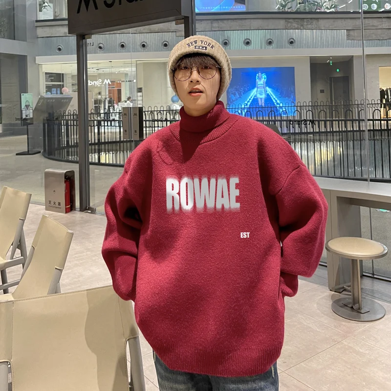 

Teenage High Collar Sweater Spring Autumn Men Loose Comfortable Warm Knitted Faion Loose Casual Men's Woolen Sweater