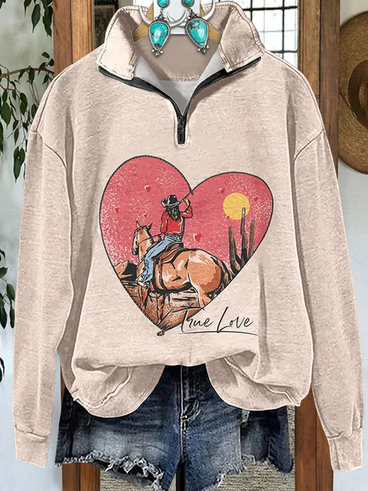 Valentine's Day Western True Love Zipper Sweatshirt