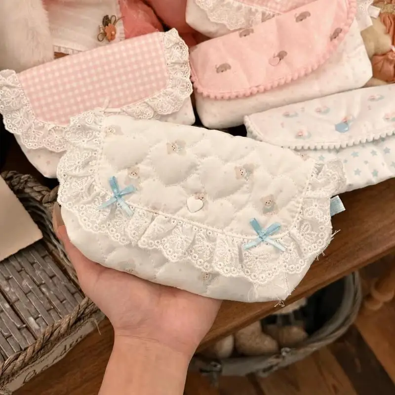 Portable Polka Dot Lace Makeup Bag Sweet Bow Flip Top Water-resistant Storage Pouch Pencil Case for School Students Gift view 4