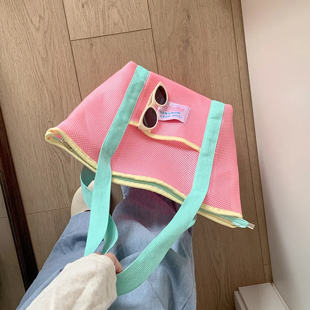 

Colored Mesh Tote Bag Shoulder Bag Student Tutoring Package Mesh Shopping Bag Lightweight Large Capacity Mesh Handbag Summer