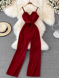 Summer Sexy Women Romper Female Red/Orange/Black Sleeveless High Waist V-Neck Wide Leg Playsuit With Sashes New Fashion Jumpsuit