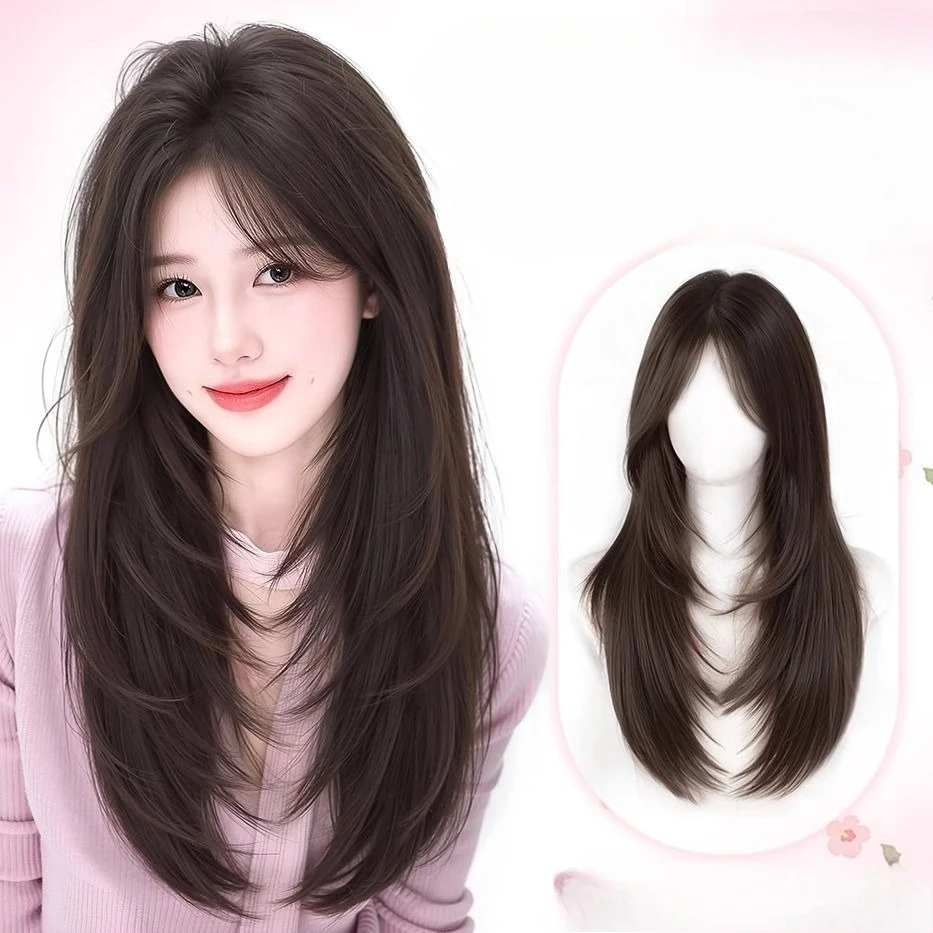 غطاء رأس كامل للشعر المستعار، نقاط متوسطة أنثوية طبيعية، محاكاة شعر طويل مستقيم عالي المستوى، شعر مستعار خفيف ورقيق لكامل الرأس #1