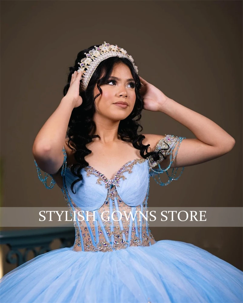 พู่สีฟ้า Quinceanera เดรสลูกปัด Appliques Ball Gown LACE-Up หรูหราชุดผู้หญิง 2024 ชุดพิเศษที่กําหนดเอง