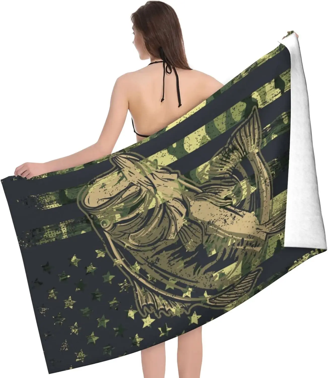 Bass Fish Beach Towel 31.5x63 Inch Camo American Flag Print Quick Dry Microfiber Soft Bath Towel for Fishing Lovers