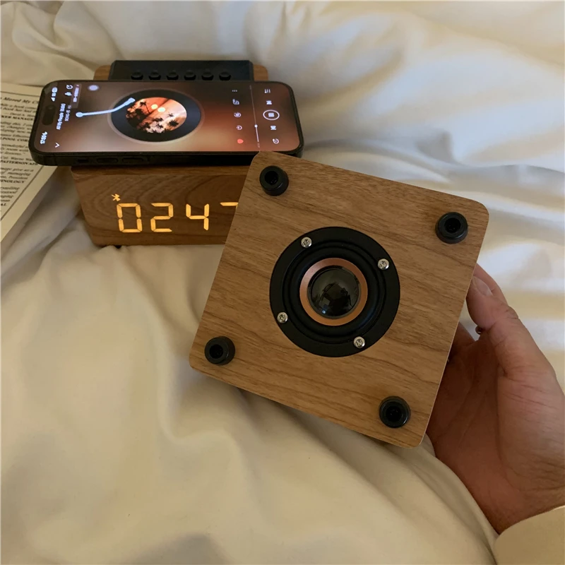 Multifunctional! High-quality Bluetooth audio wireless charging alarm clock gift collection broadcast wooden retro speaker