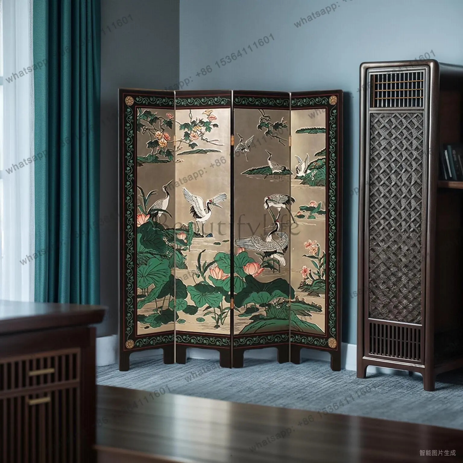 New Chinese-style lacquered screen partition folding living room entrance wall mobile office screen