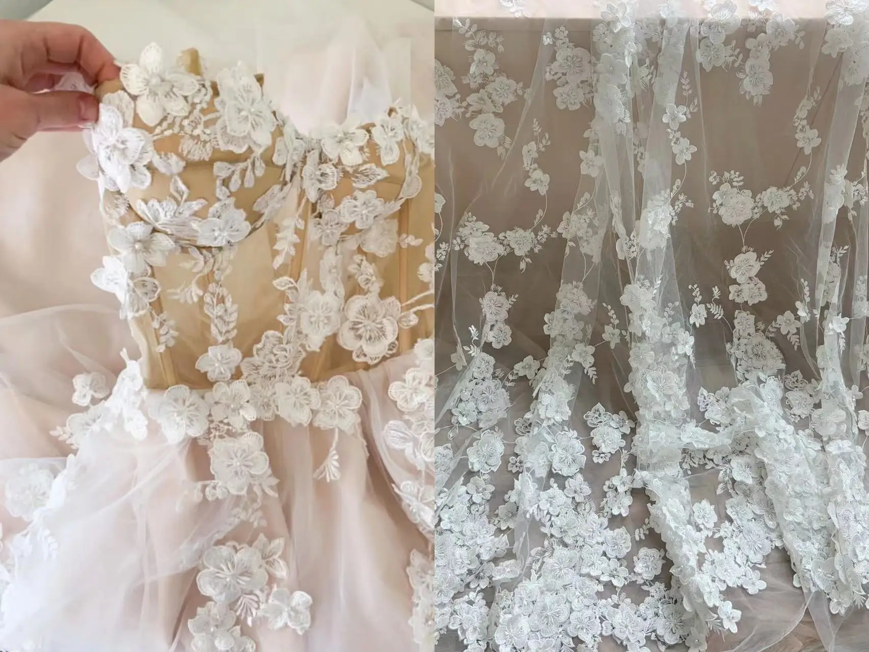 High Quality 1 Yard Off White Embroidery Flowers Fabric Pearl Beads 3D Gauze Netting for Party Skirt,Couture,Wedding Dress