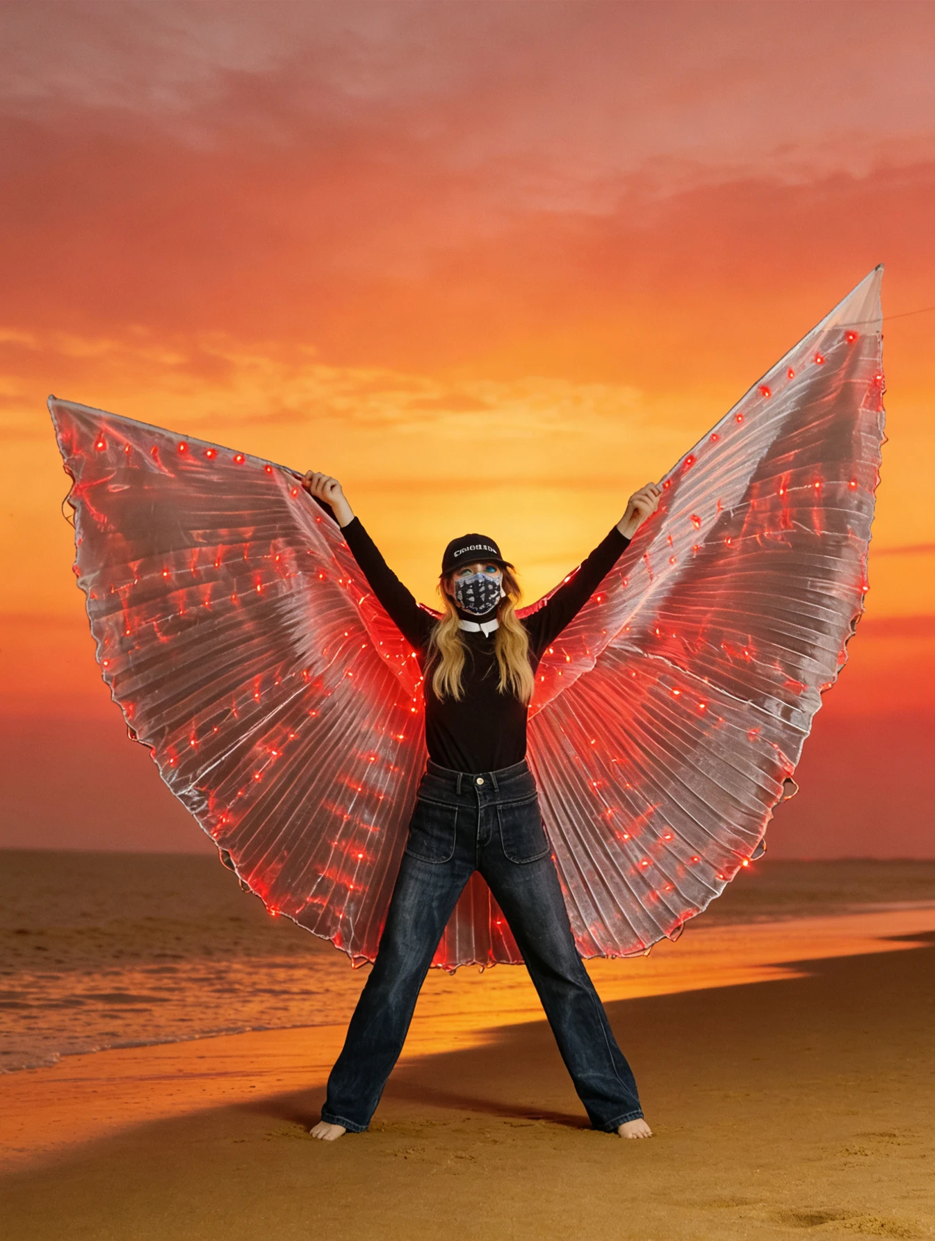 

Красные светящиеся крылья, как закат горящих через собственные коконы, каждая лоскута их крыльев не носить тепло (батарейки не)