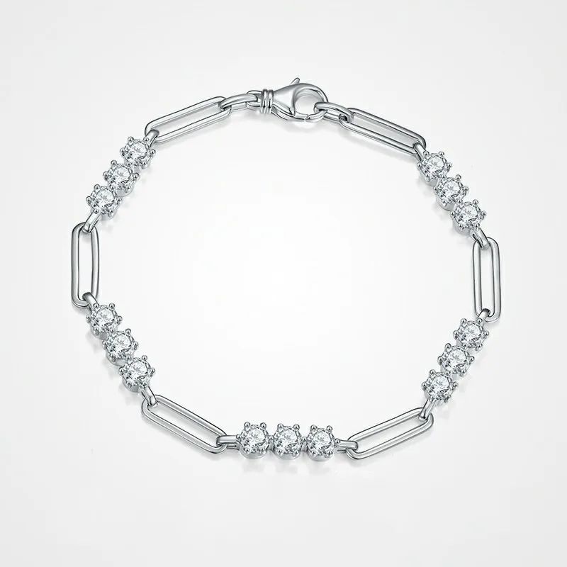 BOCAI New S925 Pure Silver Jewelry Simple and Niche Inlaid With Moissanite Paper Clip Bracelet Women's Selected Gift