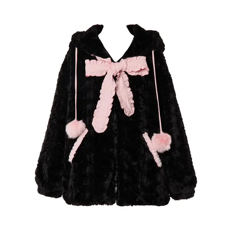 Harajuku Little WildCat Hoodies Women Bodysuit Black Tie Bowknot Cute Loose Goth Coat Y2k Style Kawaii Winter Clothes Women