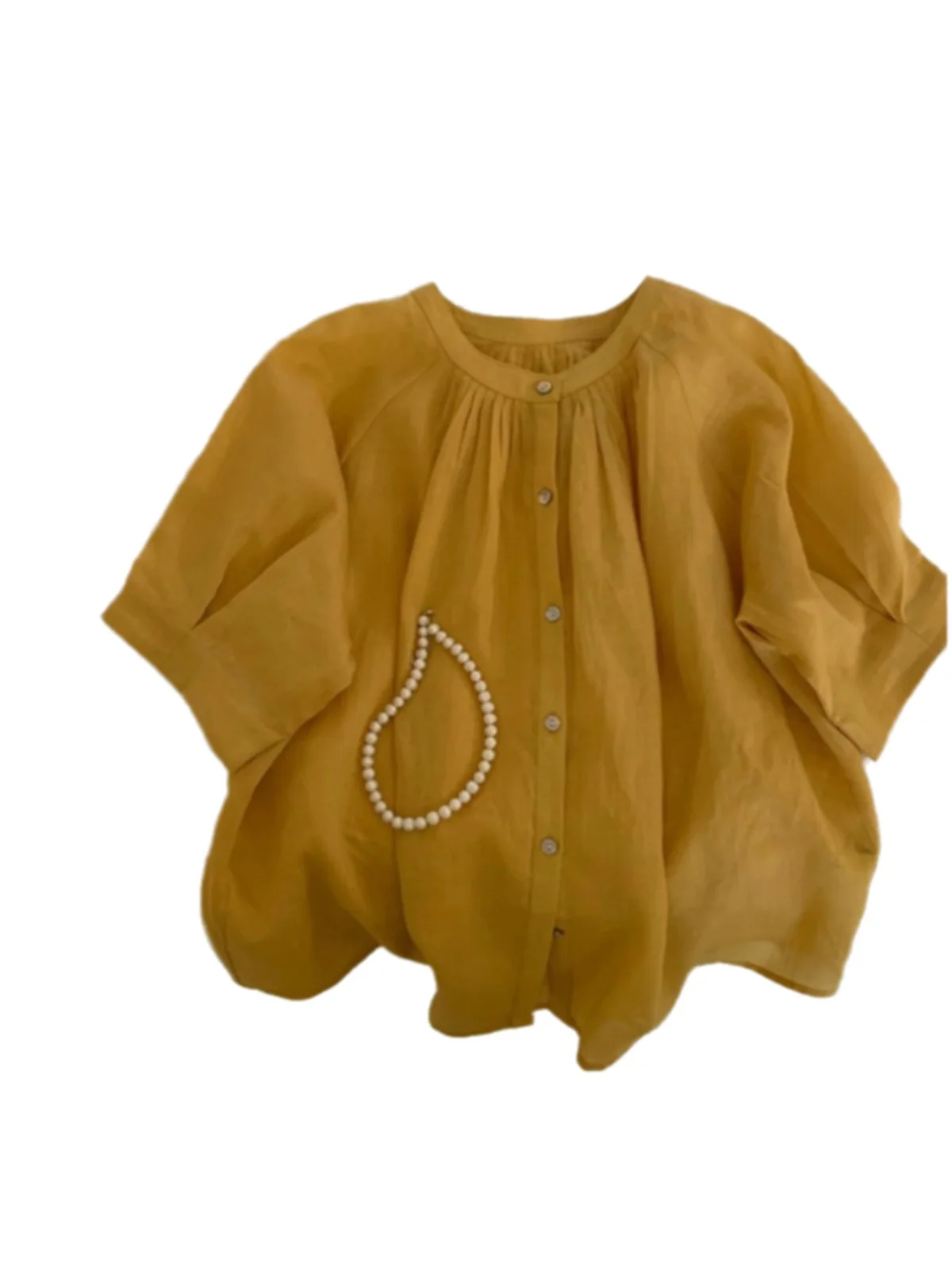 Japońska sztuka, artystyczny len, żółta bawełna, lniana, luźna, lekka, oddychająca, okrągły dekolt, krótki rękaw, damskie letnie ubranie.