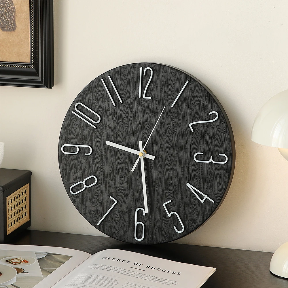12-Zoll-Wanduhr, geräuschlos, tickt nicht, minimalistische 3D-Zahlen, runde Quarzuhr für Wohnzimmer, Schlafzimmer, Büro, moderne Heimdekoration