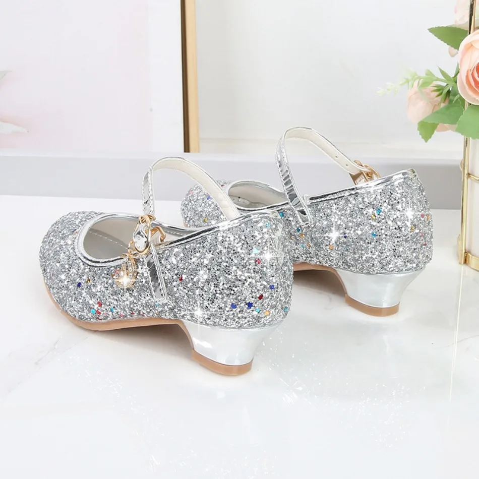 Girls Shoes Children High Heel Glitter Crystal Sandals Fashion Buckle Kids Princess Dance Shoe Student Performance Leather Shoes