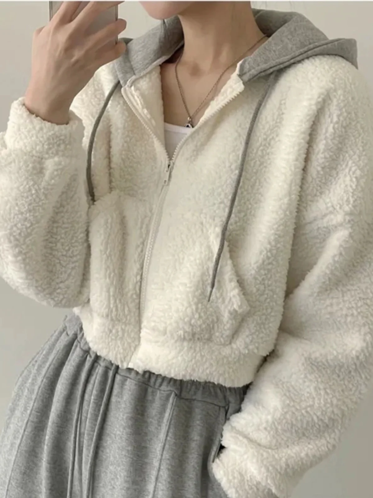 Lamb Velvet Patchwork Color Block Hoodie Women's Loose Short Fleece Zipper Open Cardigan Outerwear Trendy Autumn Winter