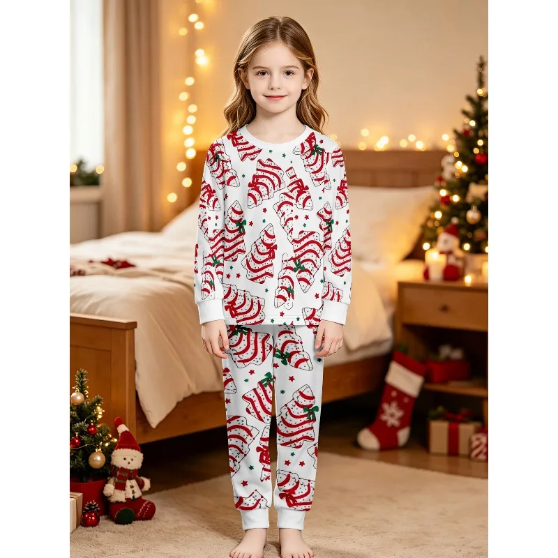 Girl Long Sleeve Crew Neck Pajama Set Assorted Christmas Tree Donut Dog Capybara Rainbow Sushi Prints Perfect Birthday Xmas Gift