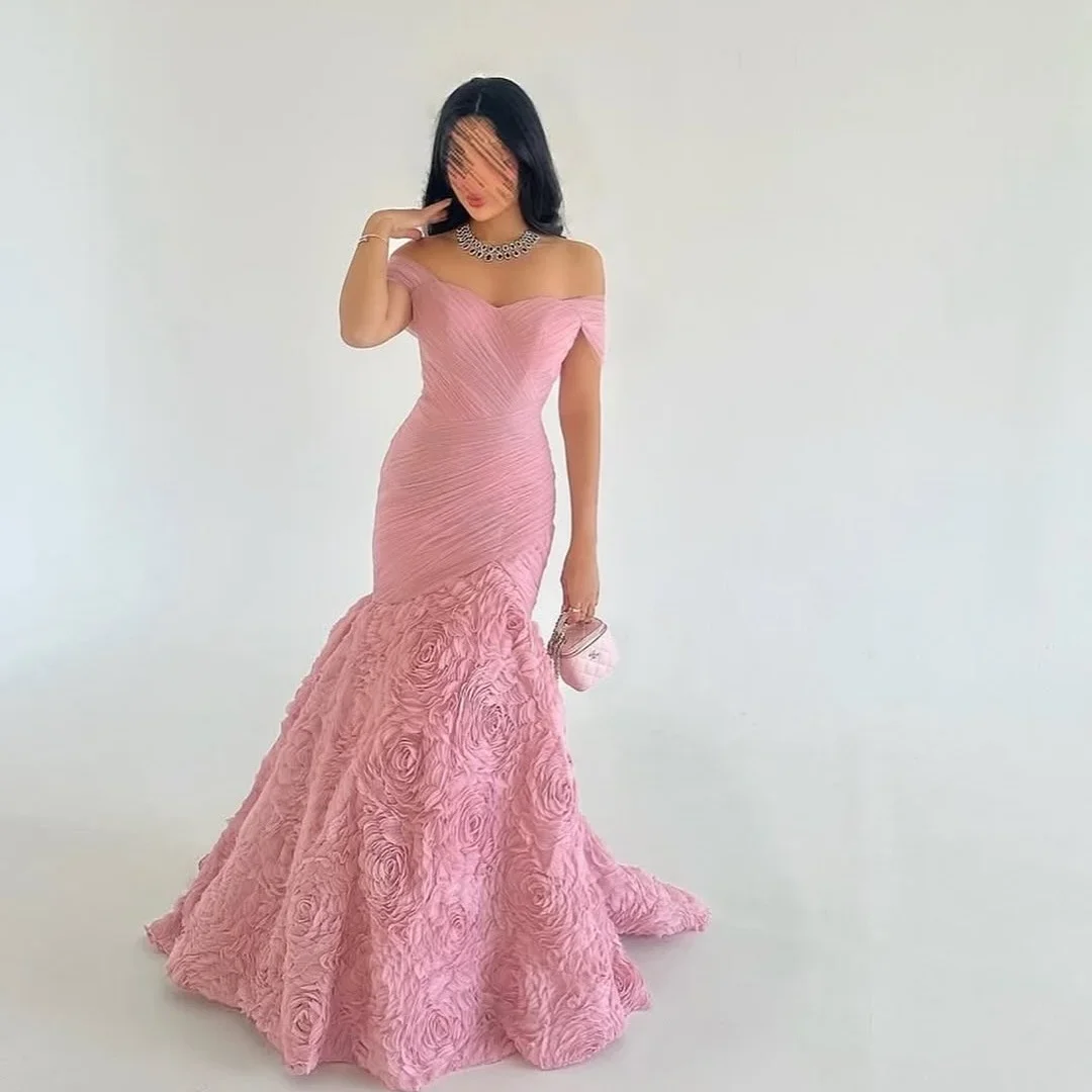 

Pink Mermaid Evening Dresses 3D Flowers Pleat Wedding Party Dress Customized Dubai Luxury Prom Gown Exquisite Vestidos