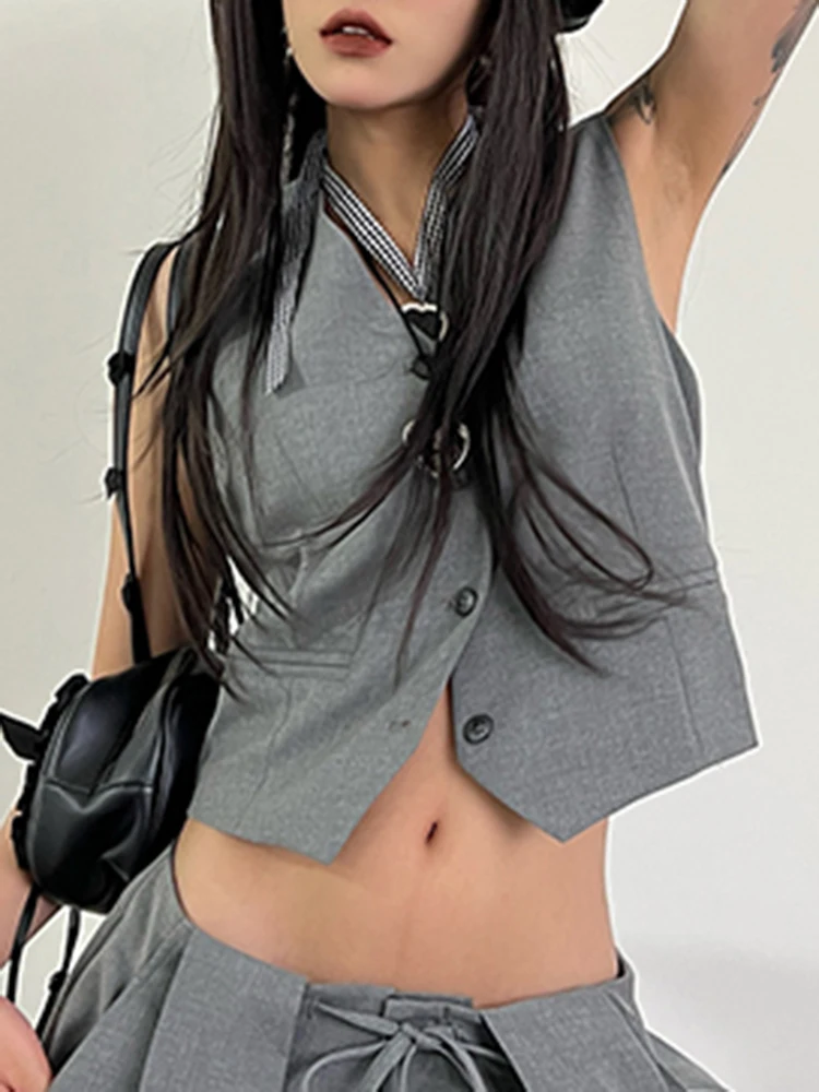 YERMORA سترة نسائية غير رسمية بجيوب رمادية طقم مكون من ثلاث قطع سترة + رباط مطوي بنطال ذو قصة أرجل واسعة موضة المد ربيع 2025