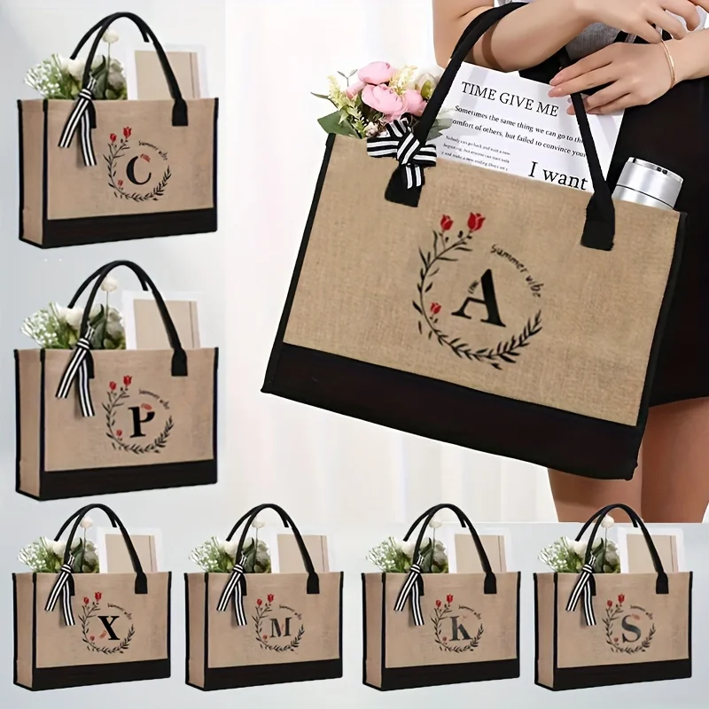 1PCS Handbag Initial Travel Handbag Pure Natural Cotton and Hemp Large Capacity Fashion Shopping Bag Men's and Women's Handbags