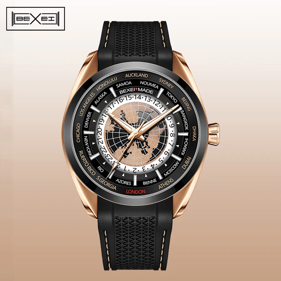 

BEXEI модные многофункциональные мужские часы World Time автоматические механические светящиеся сапфировые мужские деловые часы
