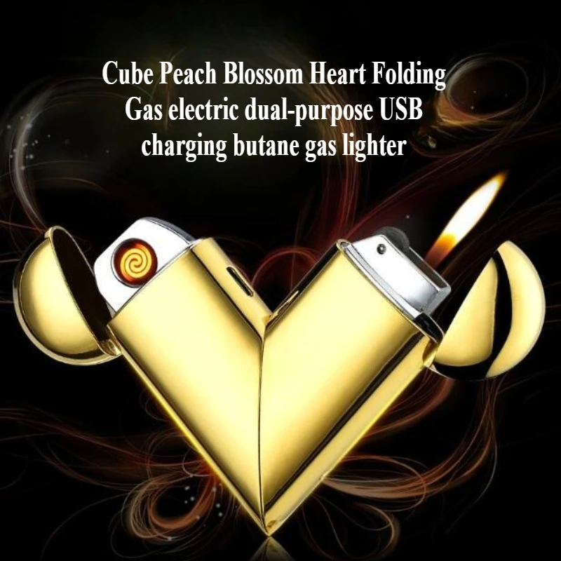 Cube Peach Blossom Heart Fashion Folding Gas Electric Dual Use Lighter Christmas Gift Butane Inflatable USB Charging New Lighter