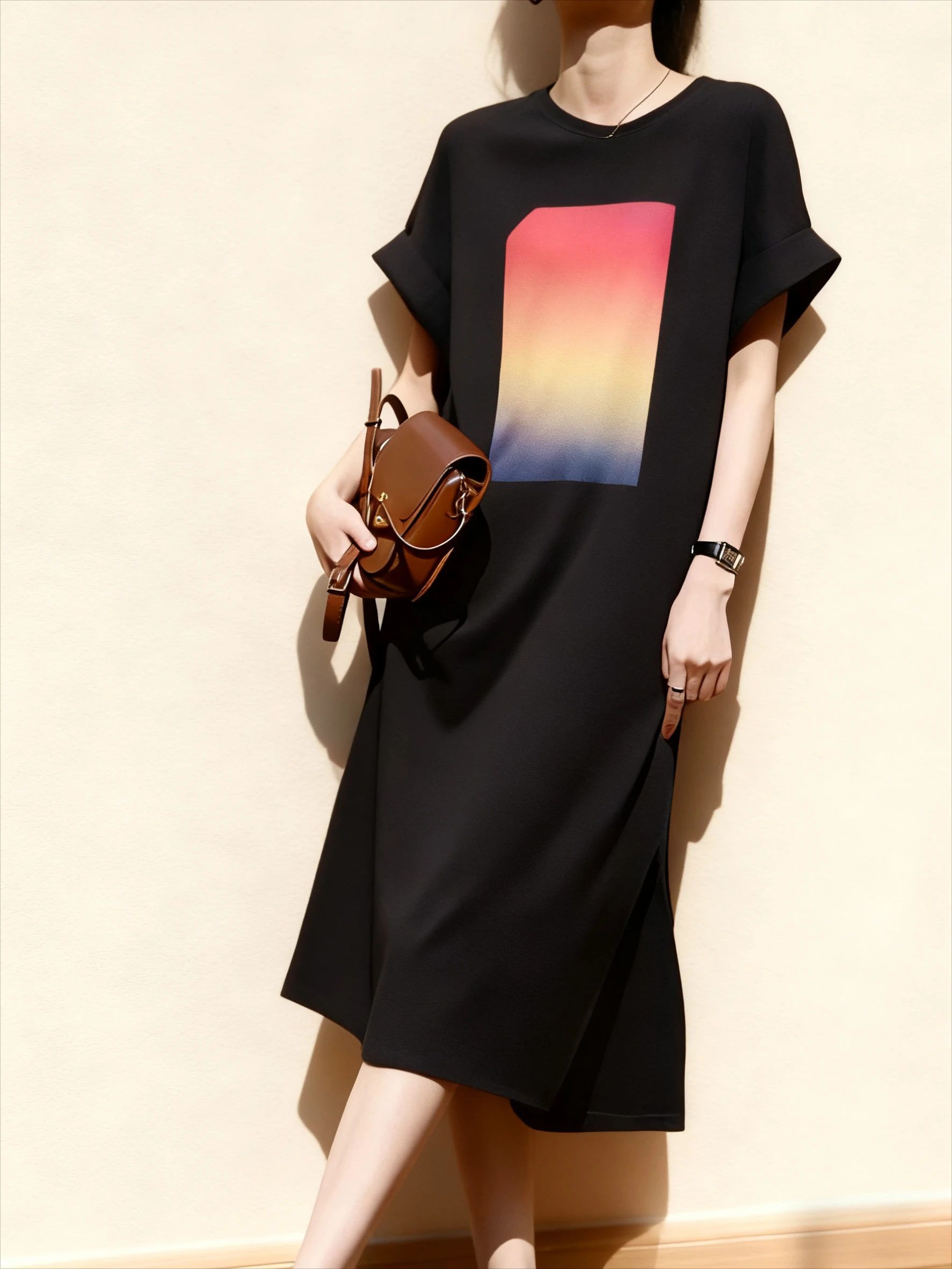 

Plus Size Women's Simple Pattern Printed Dress, Black Casual Short Sleeved Round Neck and Ankle Skirt Comfortable All Year Round