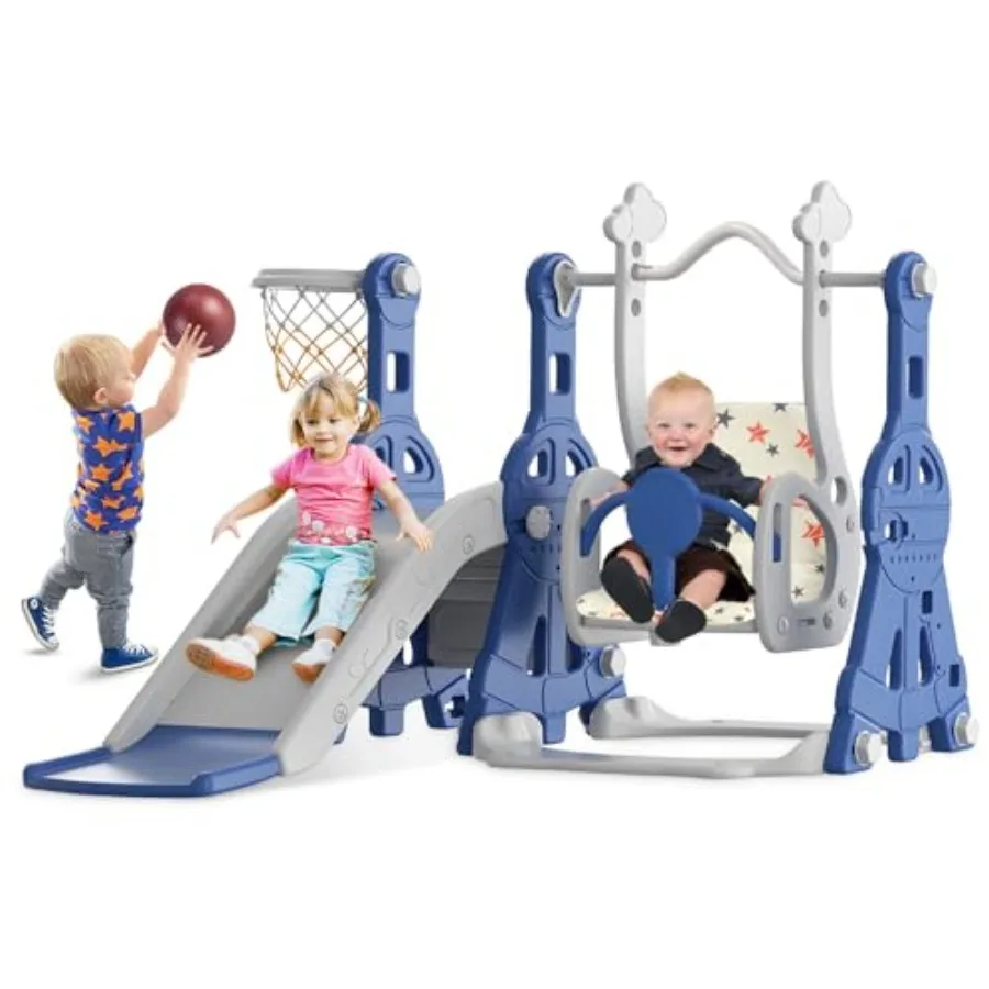 

4 in 1 Toddler Slide and Swing Set Baby Slide for Toddlers Age 1-2 with Basketball Hoop Indoor Outdoor Toddler Playset Blue