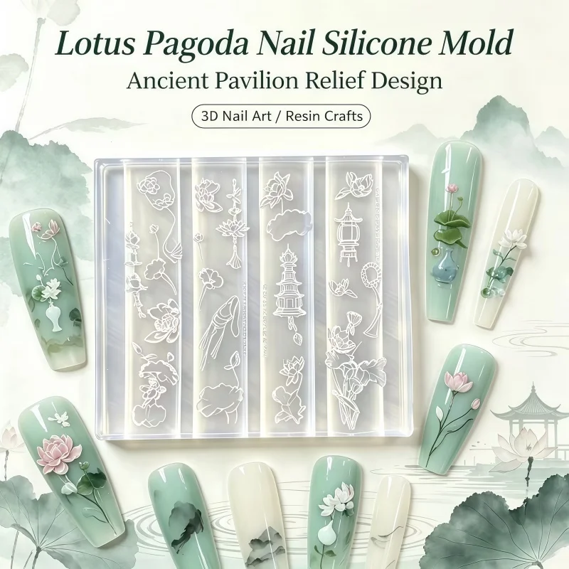 Chinese Style Lotus Pagoda Pavilion Embossed Nail Silicone Mold, Ancient Wind Floral Tower Resin Nail Art Mould
