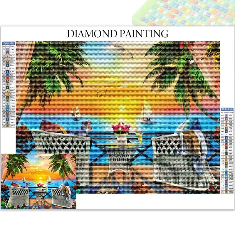 

New Diamond Paintings 2025 Beautiful Tropical Sunset Full Diamond Ocean Landscape Cross Stitch Product Arts And Crafts Adults