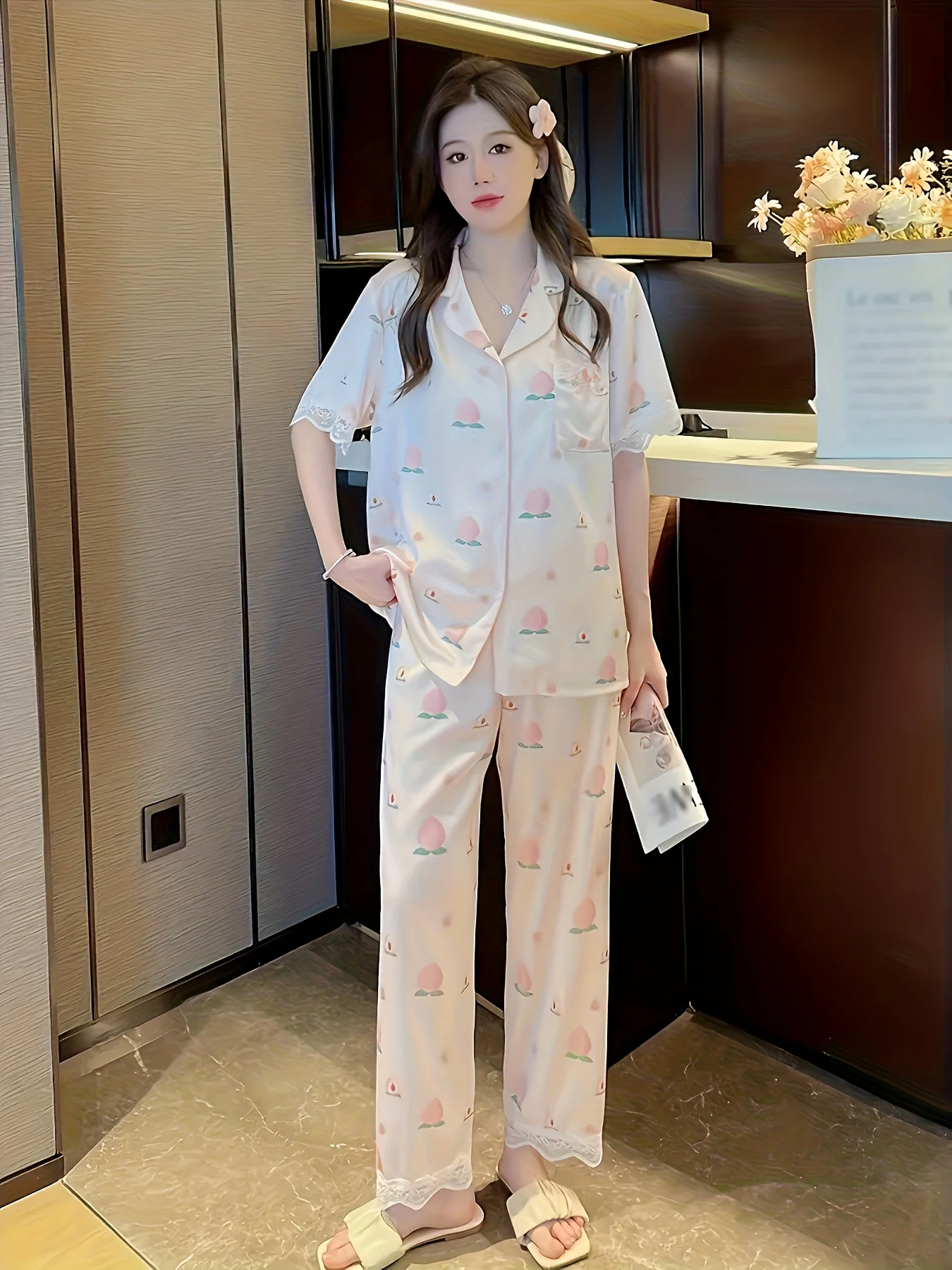 Women's Summer Short Sleeve Thin Korean Style Peach Lace Trim Sweet Faux Sexy Home Wear Set 4