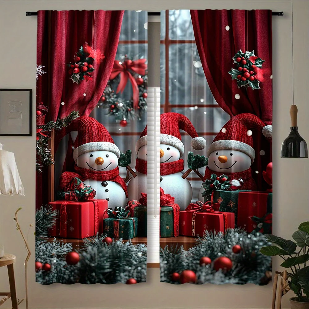 Christmas Snowman Curtain, Red Gift Box Window Drape, Festive Winter Holiday Blackout Panel, Living Room Bedroom Home Decor