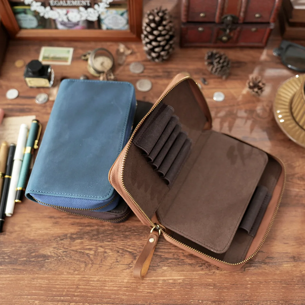 Etui na długopisy z prawdziwej skóry Crazy Horse, 10 przegródek, zapinane na zamek, w stylu vintage, organizer na pióra wieczne (18,5x11,5x4 cm) — zdjęcie produktu 3
