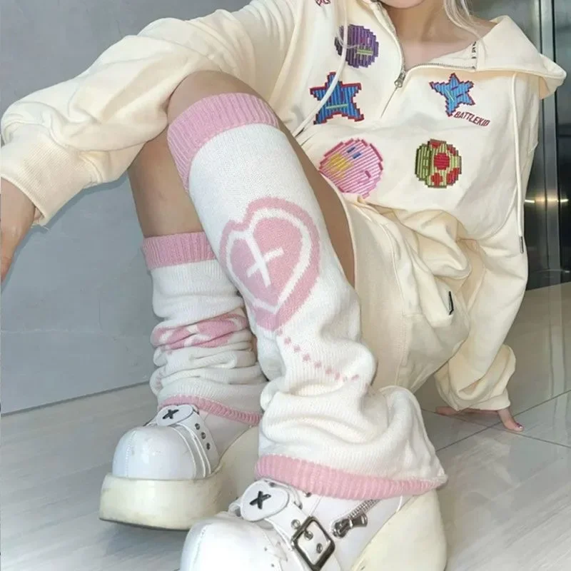 1 paire de jambières croisées à deux côtés pour femmes, en peluche, cœur rose, Style japonais Harajuku, chaussettes à volants doux pour filles, chauffe-pieds en velours