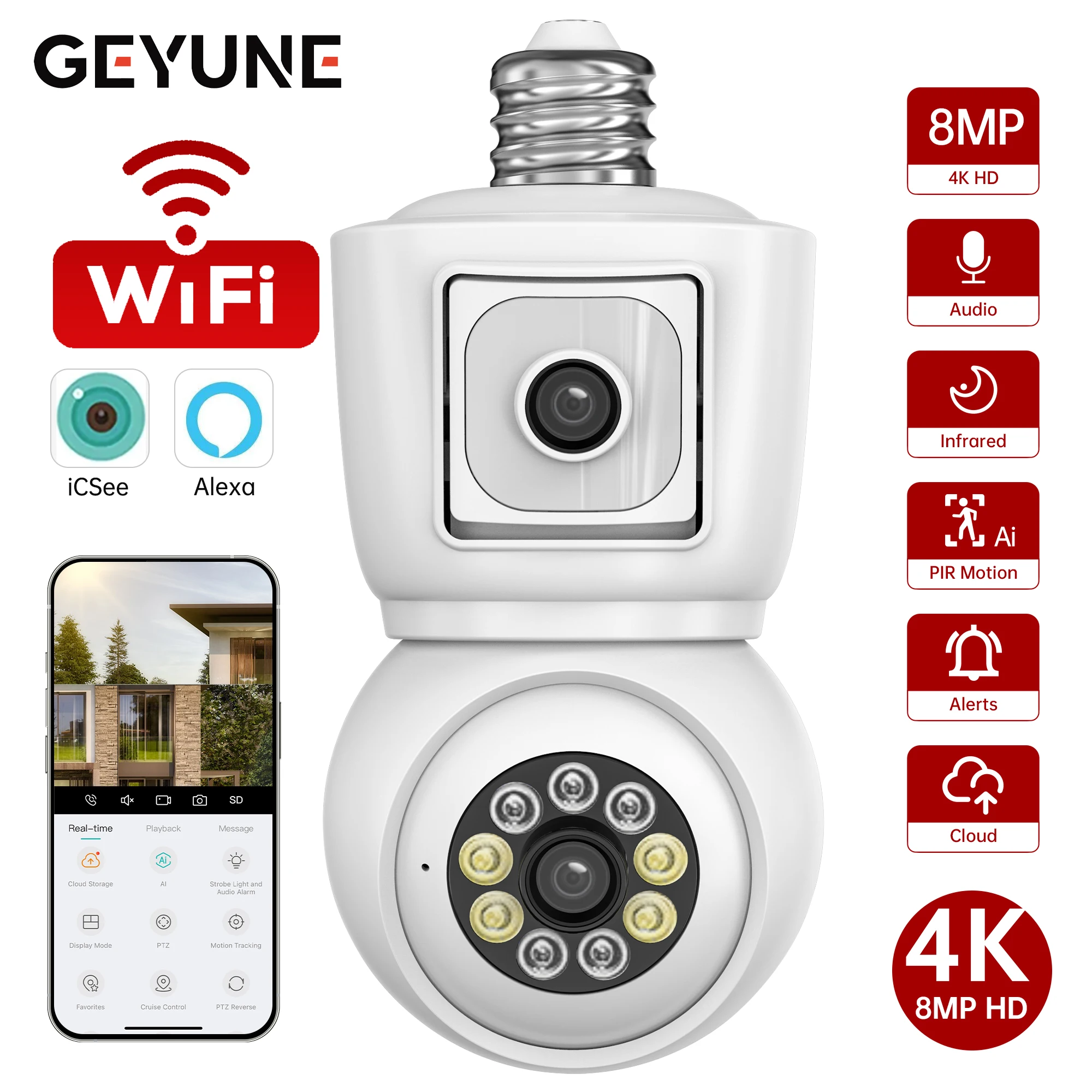 

ICSEE 4K 8MP E27 Bulb WiFi Camera Dual Lens Dual Screen Auto Tracking Two Way Audio Color Night Vision Outdoor Security Camera