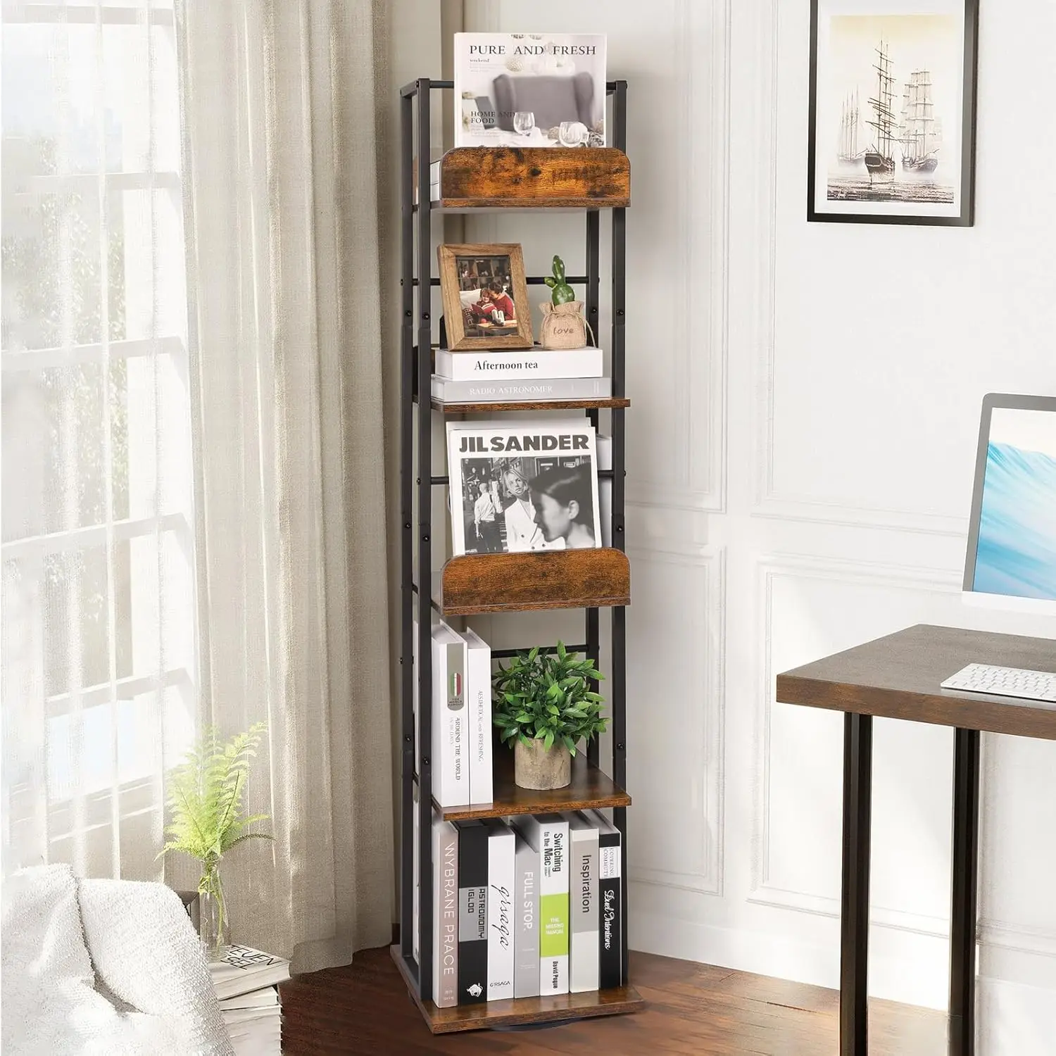 

Umail Furniture 5-Tier, Rotating Bookshelf Tower for Corner, Small Bookcase, Tall Industrial Bookshelf, Narrow Bookshelf