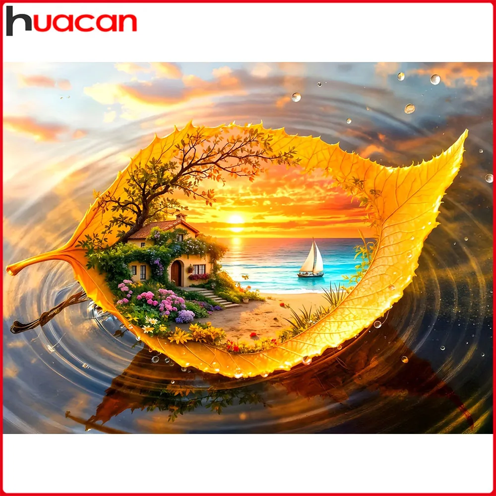 Huacan Neuheiten 2026 Diamantmalerei Blätter am Meer Sonnenuntergang Diamant-Mosaik Landschaft Komplettes Set Bastelset