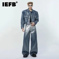 IEFB Niche Style Male Denim Two-piece Liquid State Washing Turn-down Collar Long Sleeve Jackets Worn-out Jeans Summer 9C6544