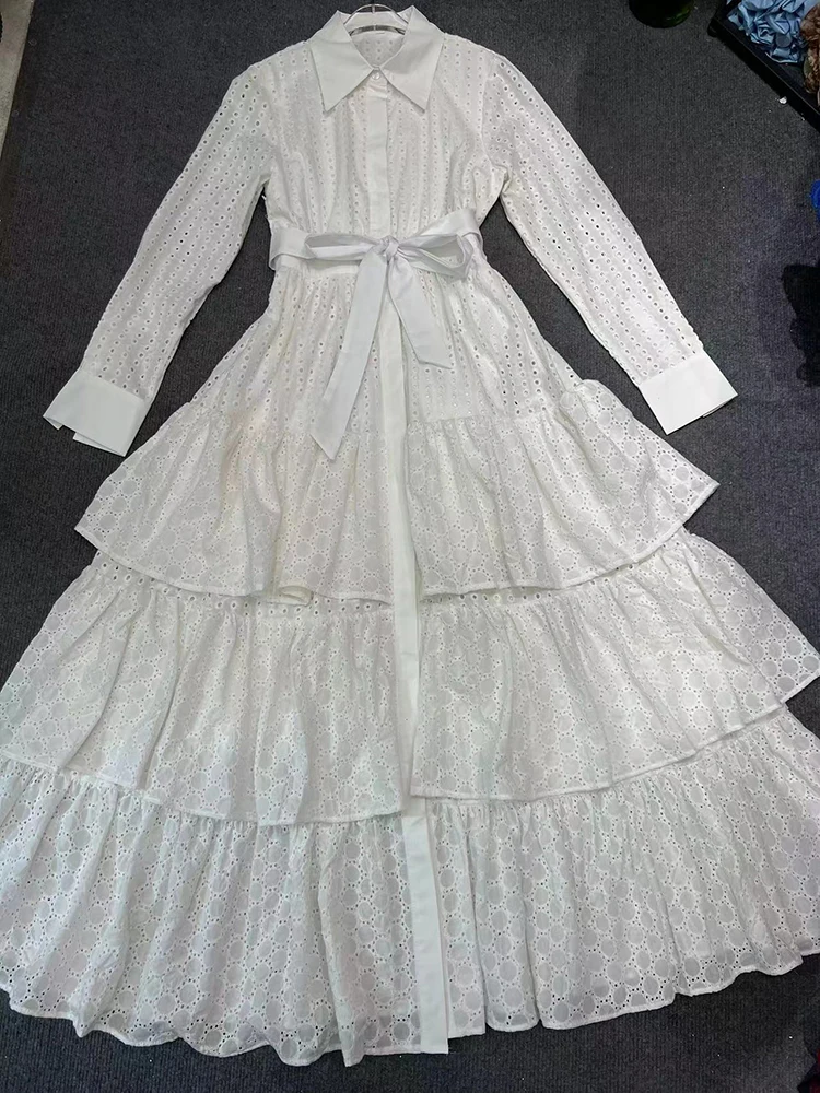 VGH-Robe Patchwork à Volants Épissés et Découpés pour Femme, Couleur Unie, Revers, Manches sulf, Taille Haute, Simple Boutonnage